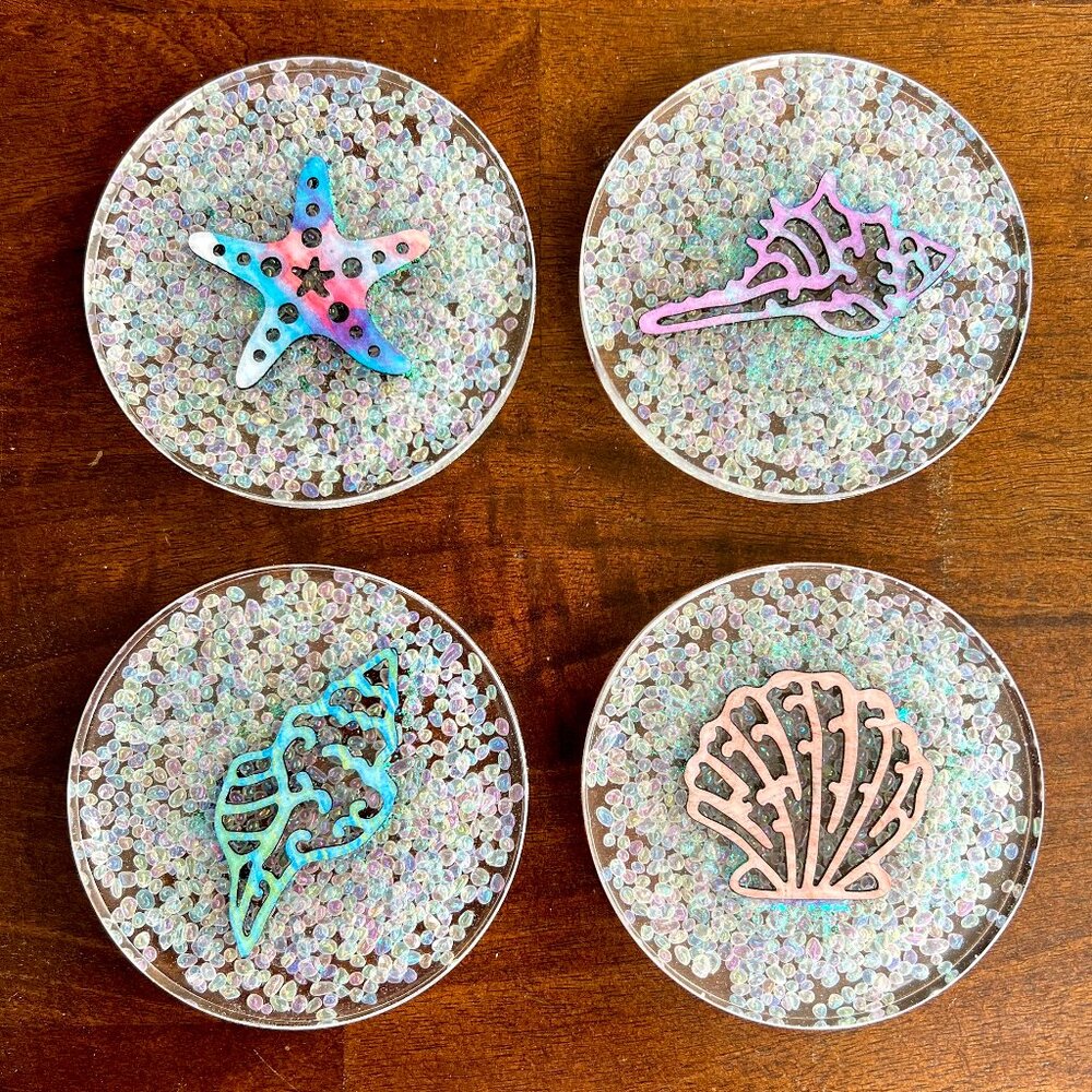 Shells Sea Glass Pebbles Resin Drink Coasters Set of 4 Beach House Table Gifts